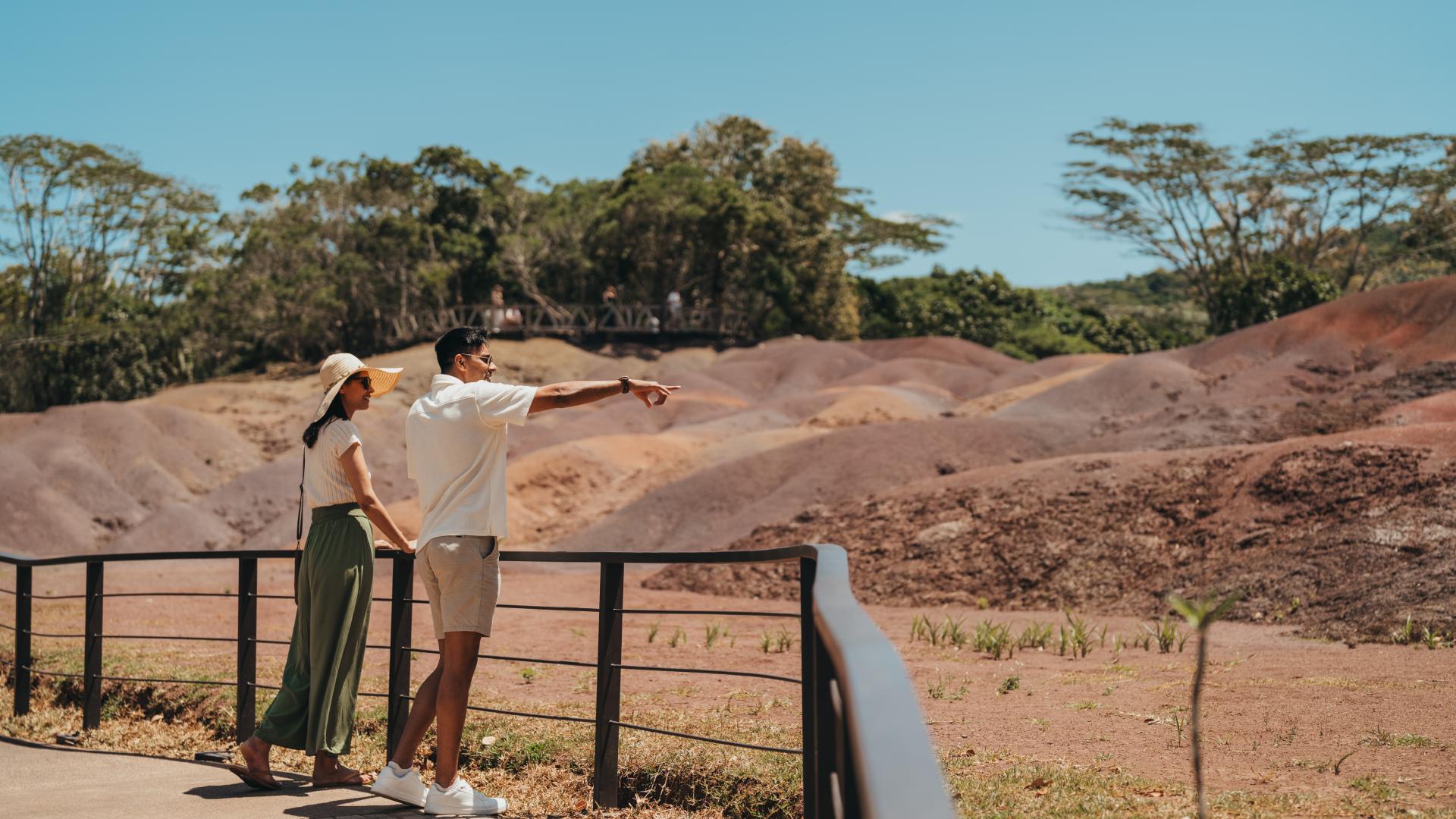 View of Chamarel’s Seven Coloured Earth in Mauritius, showing unique multi-colored sand formations