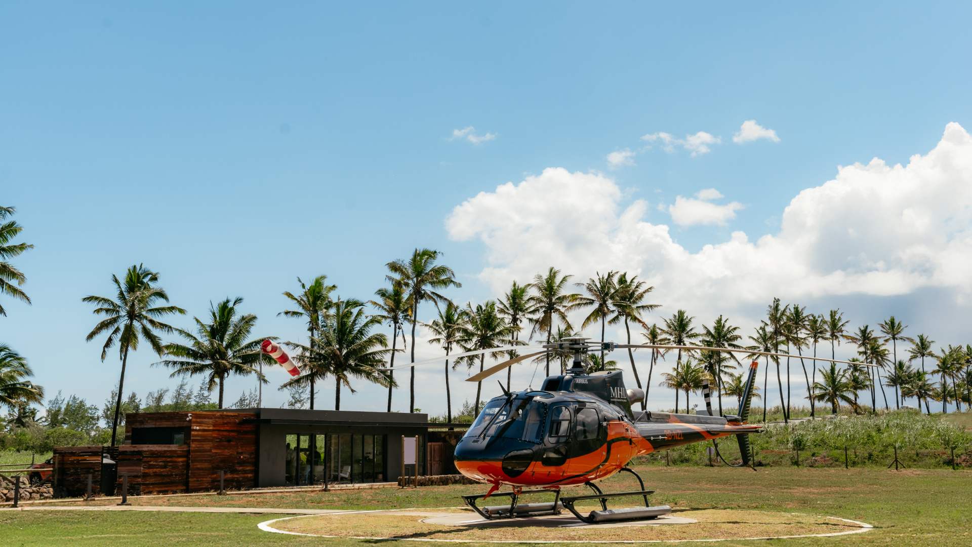 A helicopter parked at the Bel Ombre Heliport, Mauritius.